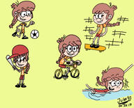 2017 alternate_hairstyle alternate_outfit artist:julex93 ball baseball baseball_bat baseball_hat bike character:lacy_loud football frowning holding_object lynncoln ocs_only one_piece_swimsuit open_mouth original_character running simple_background sin_kids skateboard skating smiling solo sports sportswear swimming swimsuit water // 2298x1850 // 1.4MB