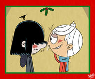 2017 alternate_outfit artist:julex93 blushing character:lincoln_loud character:lucy_loud christmas half-closed_eyes hand_on_head kiss lucycoln mistletoe scarf shaking smiling sweat winter_clothes // 3000x2500 // 3.3MB