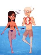 ! aged_up beach_ball bikini blushing character:lincoln_loud character:ronnie_anne_santiago dialogue looking_at_another swimming swimsuit topless water // 600x800 // 46.5KB