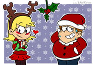alternate_outfit artist_request blushing character:chaz character:leni_loud chazeni christmas christmas_outfit looking_away mistletoe reindeer_ears santa_hat smiling sweat sweater // 2835x1920 // 1023.6KB