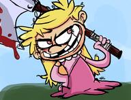 2016 artist:phildoodledraws axe blood character:lola_loud holding_object holding_weapon i_hate_fairyland parody smiling solo // 945x724 // 258.8KB