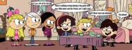 2023 aged_up artist:alejindio character:adelaide_chang character:lincoln_loud character:lola_loud character:ronnie_anne_santiago character:sid_chang commissioner:theamazingpeanuts dialogue group looking_at_another raised_eyebrow sitting // 4246x1612 // 3.8MB