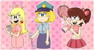 2020 alternate_outfit artist:flor character:leni_loud character:lori_loud character:lynn_loud cheerleader cheerleader_outfit frowning handcuffs hat holding_object midriff nurse police_officer police_uniform smiling syringe text_on_clothing // 1136x611 // 394.3KB