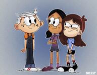 2022 aged_down alternate_outfit artist:xsunnyeclipse character:lincoln_loud character:ronnie_anne_santiago character:sid_chang looking_at_another sidonniecoln smiling // 3829x3000 // 2.3MB