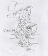2016 artist:julex93 character:lincoln_loud character:luan_loud eyes_closed hand_on_cheek hand_on_shoulder hugging open_mouth sitting sketch smiling // 378x444 // 44KB