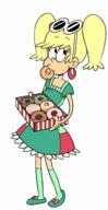 2016 alternate_hairstyle alternate_outfit artist_request character:leni_loud donut eating food holding_food holding_object looking_to_the_side looking_up pigtails solo waitress // 740x1438 // 236.5KB