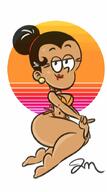 2020 artist:jose-miranda barefoot bikini character:carlota_casagrande looking_at_viewer pose sitting smiling solo sunset swimsuit thick_thighs vaporwave wide_hips // 500x900 // 45.5KB