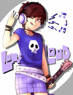 2016 artist:rosiochika character:luna_loud guitar hand_gesture headphones holding_object instrument smiling solo text tongue_out // 785x1018 // 153.5KB