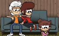 2022 aged_up arm_around_shoulder artist:underratedhero book character:lacy_loud character:lincoln_loud character:lynn_loud holding_object lynncoln original_character sin_kids sitting sofa // 2000x1242 // 1.9MB