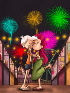 2020 aged_up agnescoln artist:band_of_cobras character:agnes_johnson character:lincoln_loud eyes_closed fireworks hands_on_cheeks hugging kissing night raised_leg // 1024x1366 // 273KB