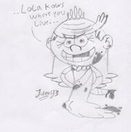 2016 artist:julex93 blood character:lola_loud dialogue frowning grin hands_behind_back knife looking_at_viewer sketch smiling solo text // 408x412 // 42.8KB