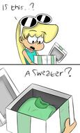 2017 artist:extricorez character:leni_loud comic dialogue gift holding_object looking_down open_mouth proto-leni prototype_design solo sweater text // 1152x1920 // 547KB