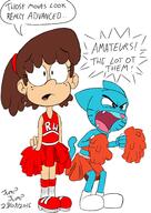2016 artist:jumpjump character:gumball_watterson character:lynn_loud cheerleader crossdressing crossover dialogue pom_poms text the_amazing_world_of_gumball // 2480x3508 // 1.6MB