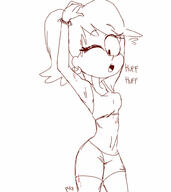 2017 alternate_outfit armpit artist:pyg character:leni_loud gym_clothes looking_down midriff one_eye_closed raised_arm sketch solo stretching sweat text // 890x1000 // 75KB