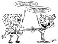 2016 artist:racoonfoot black_and_white character:lincoln_loud character:spongebob_squarepants commission commissioner:1994semaj crossover dialogue hand_on_hip handshake looking_at_another open_mouth smiling spongebob_squarepants text // 1281x981 // 269.9KB