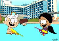 2023 artist:ifung969 character:lincoln_loud character:lynn_loud character:ronnie_anne_santiago holding_object looking_at_another pool ronniecoln smiling swimsuit water_gun // 1080x756 // 142KB