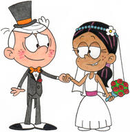 2017 alternate_outfit artist:nintendomaximus blushing bouquet bow_tie character:lincoln_loud character:ronnie_anne_santiago hand_holding holding_object looking_at_another ronniecoln smiling suit top_hat wedding wedding_dress // 406x412 // 203.7KB