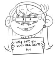 2018 artist_request character:lola_loud holding_object reaction_image sign smiling smug solo text // 423x441 // 76.8KB