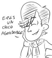 2016 artist:jcm2 character:hugh comic dialogue eyes_closed hand_on_cheek sketch smiling solo spanish text // 798x890 // 209KB
