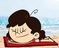 beach bikini character:adelaide_chang eyes_closed lying smiling solo swimsuit towel // 1080x883 // 69.9KB