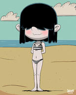 2020 alternate_outfit artist:julex93 beach blushing character:lucy_loud cleavage cloud embarrassed feet hands_behind_back midriff shadow smiling solo swimsuit two_piece_swimsuit water // 2000x2500 // 2.1MB