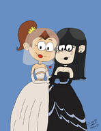2017 aged_up alternate_outfit artist:julex93 blushing character:luan_loud character:maggie hand_holding heart looking_at_viewer luaggie makeup simple_background smiling wedding wedding_dress // 845x1094 // 202.6KB