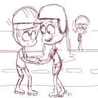2017 arms_crossed artist:pyg character:lincoln_loud character:lynn_loud character:margo_roberts hand_holding helmet jealous looking_at_another margocoln roller_skates sketch smiling // 1000x1000 // 384.8KB