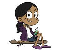 2018 artist_request beverage character:ronnie_anne_santiago holding_object looking_at_viewer sitting skateboard smiling solo // 800x700 // 108.5KB