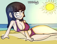 arm_support artist:sketchboy beach big_breasts character:maggie looking_at_viewer lying on_side smiling solo sun water // 1200x925 // 464.9KB