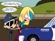 2022 alternate_outfit artist:javisuzumiya bending_over car character:lincoln_loud character:sam_sharp dialogue grass handcuffs hands_behind_back hands_on_thighs looking_back looking_down open_mouth police_uniform samcoln sunglasses text uniform // 2669x2000 // 1.9MB
