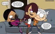 angry artist:adullperson character:lincoln_loud character:ronnie_anne_santiago character:taylor dialogue jealous ronniecoln sitting sofa taylorcoln // 1600x1000 // 1.5MB