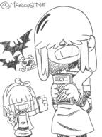 artist:marcustine bat book character:lucy_loud holding_object phone pigslut skull smiling // 1500x2000 // 281.8KB