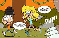 artist:muffinzzstudio character:lincoln_loud character:lori_loud dialogue dinosaur running scared // 3900x2500 // 3.4MB