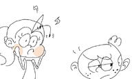2017 artist_request blushing character:lincoln_loud character:luan_loud hands_on_cheeks looking_to_the_side luancoln sketch // 800x480 // 100KB
