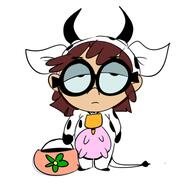 2016 alternate_outfit artist:radish bucket character:lisa_loud costume cow cow_print cowbell frowning halloween holding_object holiday looking_at_viewer onesie solo // 426x424 // 64KB