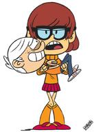 2017 artist:donchibi carrying character:lincoln_loud character:velma_dinkley crossover frowning looking_at_viewer open_mouth scooby-doo smiling style_parody // 731x1028 // 252KB