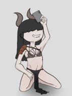 biting_lip character:lucy_loud cosplay holding_object horns midriff on_knees phone selfie smiling solo // 1133x1525 // 398.5KB