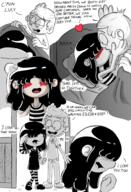 2016 artist:jumpjump bed blushing character:lincoln_loud character:lucy_loud comic comic:the_loud_comic dialogue half-closed_eyes hand_holding hand_on_head heart hug kiss looking_at_another looking_at_viewer lucycoln lying open_mouth sketch smiling text thigh_highs // 1300x1900 // 1.2MB