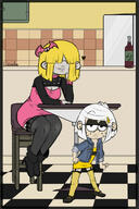 aged_up artist:lioxdz boob_window chair character:lucy_loud character:lupa_loud hand_on_hip heart hold_up_stockings leaning looking_at_viewer original_character pigslut pose raised_eyebrow sin_kids sitting table // 803x1200 // 162.1KB