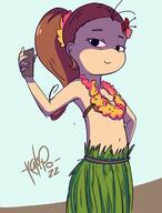 2022 artist:kalipoart character:luan_loud cleavage coconuts_bra flower_necklace hand_on_hip holding_object leafs_skirt looking_at_viewer midriff phone simple_background smiling solo // 489x645 // 48.5KB