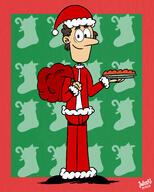 2017 alternate_outfit artist:julex93 character:lynn_loud_sr christmas christmas_outfit food holding_food holding_object lasagna looking_at_viewer santa_bag santa_hat santa_outfit simple_background smiling solo // 2000x2500 // 2.7MB