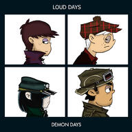 2017 album_cover artist:sgd character:bobby_santiago character:lincoln_loud character:lucy_loud character:luna_loud coloring colorist:emeritus cosplay frowning gorillaz group hat looking_back looking_to_the_side parody text // 1468x1468 // 467KB