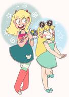 2017 artist:laugh-out-loud-house character:leni_loud character:star_butterfly clothes_swap crossover hands_together looking_at_another open_mouth raised_leg smiling star_vs_the_forces_of_evil wand // 500x707 // 196KB