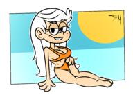 2023 aged_up alternate_outfit artist:franmontelongo98 big_breasts bikini character:linka_loud cleavage feet genderswap half-closed_eyes hand_on_hip hand_support looking_at_viewer midriff pose smiling solo sun swimsuit water wide_hips // 6213x4441 // 1.9MB