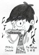 2016 artist:komi114 black_and_white character:luna_loud harmonica looking_at_viewer solo text winking // 700x992 // 173KB