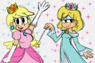 2021 alternate_outfit artist:puppyface character:leni_loud character:lori_loud cosplay costume crown dress gloves half-closed_eyes looking_at_viewer smiling super_mario_bros wand waving // 1119x740 // 651.8KB