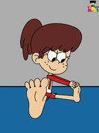 2023 artist:tommydraws barefoot character:lynn_loud feet frowning hands_on_feet looking_down simple_background sitting smiling solo spread_legs stretching // 1280x1707 // 122KB
