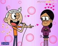 2021 artist:blazingstar933 blushing character:lincoln_loud character:ronnie_anne_santiago hand_gesture hands_on_chest hands_together hearts holding_object looking_at_another microphone one_eye_closed open_mouth pointing raised_eyebrow ronniecoln singing smiling tears winking // 2048x1646 // 289KB