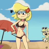 artist:extricorez beach bikini blushing character:leni_loud character:lori_loud half-closed_eyes swimsuit // 1000x1000 // 97.6KB
