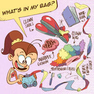 2017 artist:jordan_rosato bag character:luan_loud clown_shoes dialogue holding_object meme notebook official_art open_mouth parody purse smiling solo text toothbrush whoopee_cushion wig // 1280x1280 // 690KB